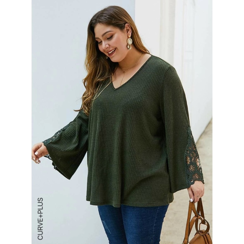 Shein Contrast Lace Rib-Knit Tee Long Sleeve Green Size 3X